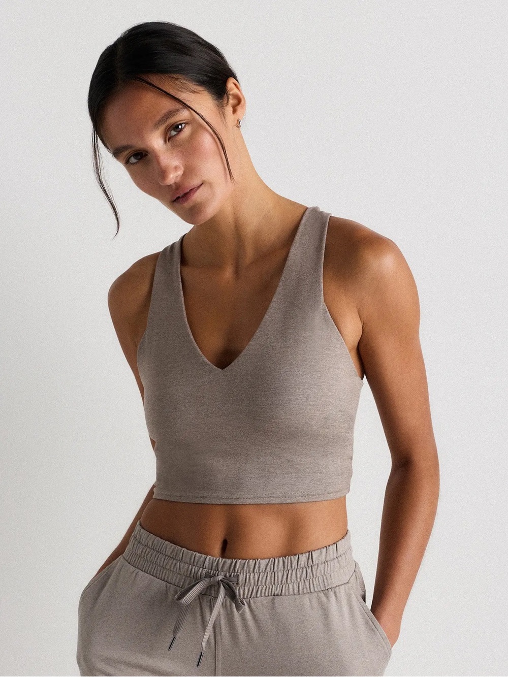 Quince Ultra-Soft V-Neck Cropped Tank Taupe Small Pilates Yoga